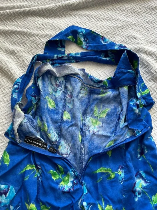 Connected VTG 90s Blue Rose Floral Midi Dress Sz 14 CrissCross Back Cottagecore - Picture 9 of 9